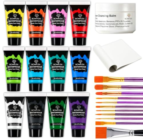 Bowitzki 12 Color Face Paint Set Waterproof & Smudge Proof, Sweatproof Cream Body Face painting Makeup for Halloween, Carnival, Cosplay Party