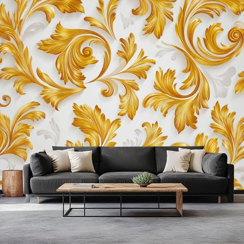 Papel Tapiz Fotográfico Efecto 3D Elegante Barroco Espiral Hojas, Platino Papel Pintado Tejido No Tejido 400 x 280 cm (An x Al) - Decorativos Murales para Pared Salón y Dormitorio