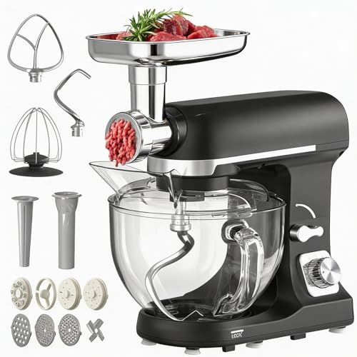 MoraRise 5.5L Stand Mixer with Meat Grinder, 1400W Electric Food Mixer | 6-Speed + Pulse Control, Tilt-Head Kitchen Mixer with Dough Hook, Beater & Whisk for Baking Bread, Cakes & Dough