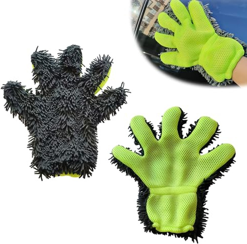 Zueyen Pack de 2 Guantes de Lavado para Coche, Manopla de Microfibra con Diseño de Cinco Dedos, Guantes de Limpieza de Doble Cara para Cuidado de Vehículos, Motos y Hogar, Uso en Seco y Húmedo