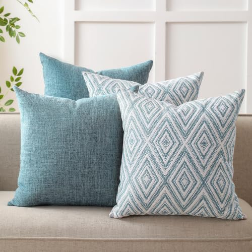 HPUK Decorative Throw Pillow Covers Set of 4 Square Couch Pillows Linen Cushion Cover for Couch Sofa Living Room, 18x18 inches, Blue