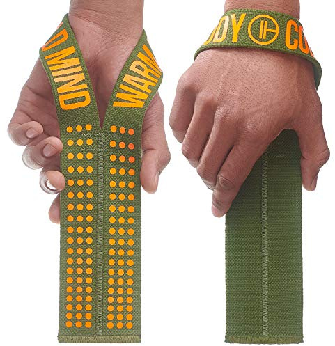 WARM BODY COLD MIND V1 Correas para Levantamiento de Pesas Halterofilia olímpica, Powerlifting, Entrenamiento de Fuerza Funcional: Correas de Agarre Hechas de algodón (Caqui/Naranja)