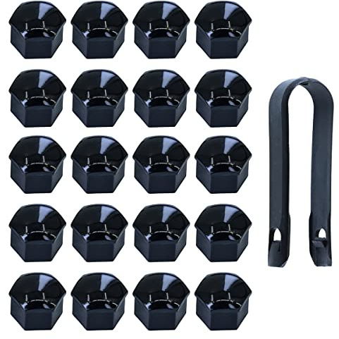 Selyse 20 stycken lock hjulskruvar, 17 mm, plastspår, universella hjulmuttrar, lock med avtagbar krok (svart)