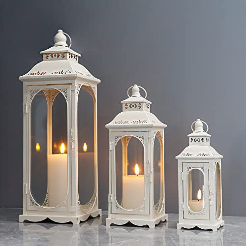 TRIROCKS Set de 3 Lanternes Vintage pour Bougies 26/35/50 cm Haut, Porte-Bougie Métalliques Décoratifs avec Verre Trempé pour Maison, Jardin, Soirées (Blanc Crème)