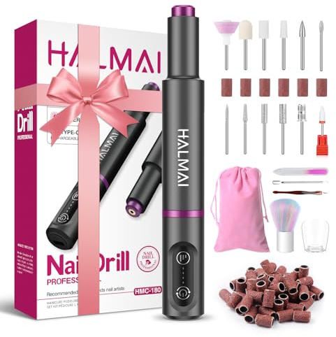 HALMAI Electric Nail Drill Machine, Cordless Portable Nail File Kit for Acrylic,Gel Nails, Rechargeable Professional Acrylic Manicure Pedicure Machine for Home with Max 20000 RPM (Dunkelgrau)