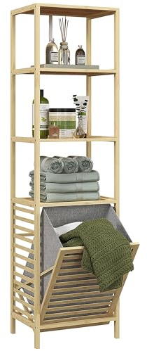 HOMCOM Meuble Colonne pour Salle de Bain Etagère de Rangement en Bambou avec 3 étagères et 1 Panier à Linge Amovible 44L x 33l x 160H cm