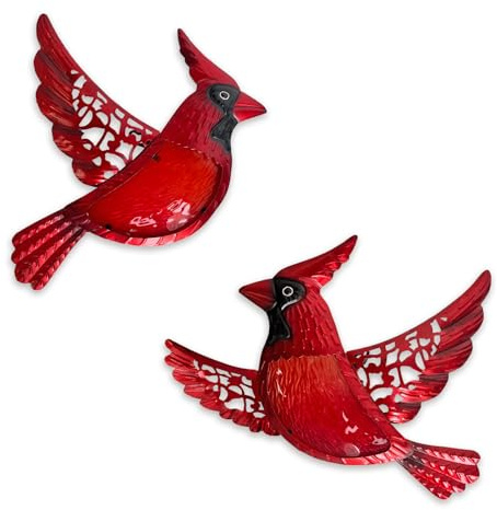 HONGLAND Metal Cardinal Wall Art 12inch Metal Birds Wall Sculpture Garden Decoration Outdoor Statue Patio Fence Hanging Plaques 2 Pack
