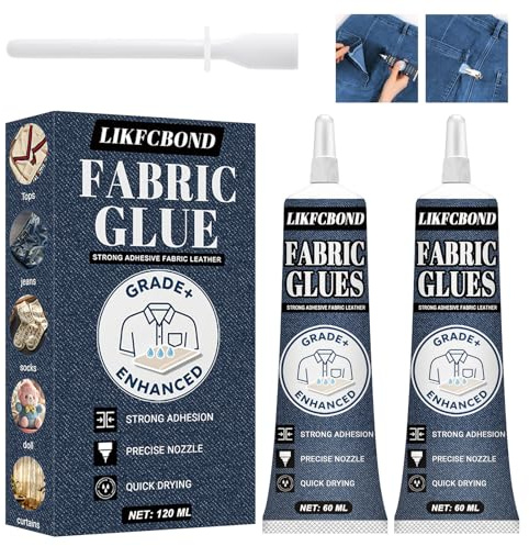 LIKFCBOND Colla per Tessuti, Adesivo per Tessile Extra Forte, Adesivo per Cucire, Colla per Tessile Trasparente Lavabile e Impermeabile per Tutti i Tessuti, Cotone, Denim, Poliestere, Pelle (50ml*2)