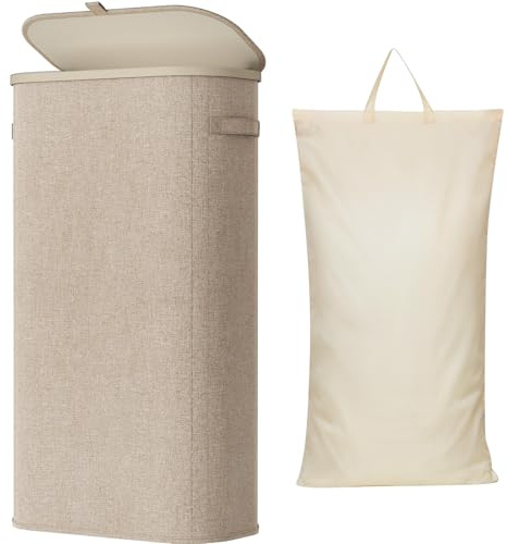 Lifewit Tvättkorg med Lock, Tvättkorg Smal för Tvättsortering med Avtagbara Påsar, Hopfällbar Laundry Basket för Tvättstuga, Sovrum, Badrum och Studentrum, 75 L, Beige
