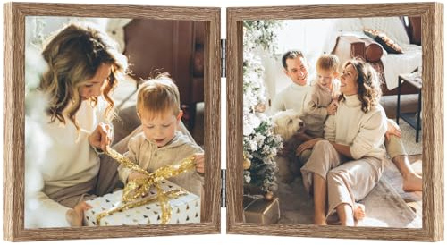 AVEAX Double Photo Frame 5x5 Hinged Wood Picture Frame Real Glass, Black | Real Glass Front, Durable Engineered Wood, Hinged Folding Frame, Vertical Desktop Stand