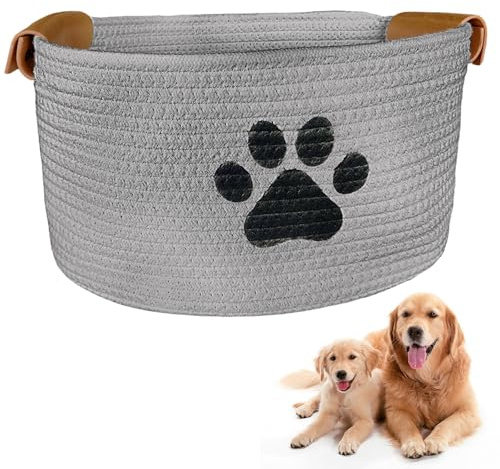 Jonuin Dog Toy Box, 34 x 24 x 21cm Dog Toy Basket, Cotton Rope Basket with Handle, Dog Basket for Organizing Pet Puppy Cat Toys, Dog Toys Box for Living Room Bathroom (Grey)