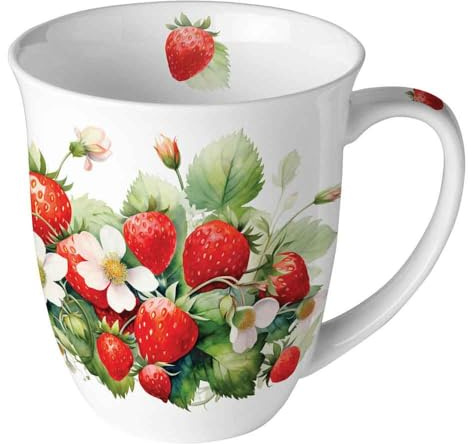 Ambiente Taza de porcelana de 400 ml, diseño de fresas de fresa, 10 cm de diámetro, color blanco