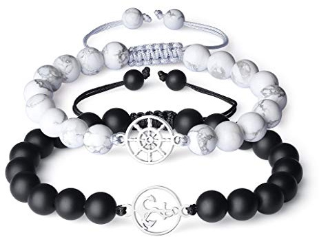 COAI Coppia di Bracciali della Distanza per Lui e per Lei in Onice Opaca e Howlite con Amuleto Ancora e Timone, Bracciali per la Coppia Regolabili