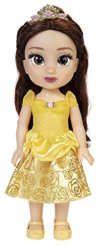 Disney Princess Belle Puppe 35cm, reflektierende Glitzeraugen, bewegliche Gelenke, ausziehbares Kleid, Schuhe, Krone, langes braunes Haar, für Mädchen ab 3 Jahren