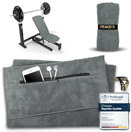 PEAQUE Fitness-Handtuch mit Reißverschlusstasche | Mikrofaser mit Frottee-Struktur | Sport-Handtuch für Fitnessstudio und Gym | weich, schnelltrocknend (Grau, 120 x 50 cm)