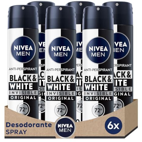 NIVEA MEN Black & White Invisible Original Spray 48 h en pack de 6 (6 x 200 ml), desodorante antimanchas de cuidado masculino, desodorante invisible para cuidar piel y ropa