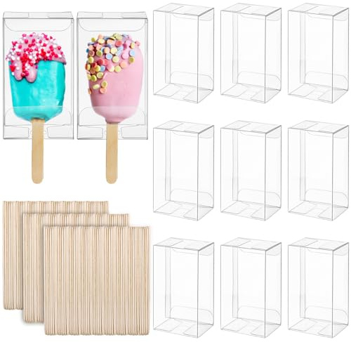 Hacaroa Juego de 300 cajas transparentes para tartas, 150 cajas de helado PET con 150 palitos de madera, caja de dulces de 9,5 x 5,5 x 4 cm para bodas, baby shower, fiesta de cumpleaños de niños