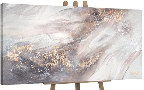YS-Art Pittura acrilica su tela Rilassarsi Soggiorno arte astratta moderna testuale in grigio-beige con oro Dipinta a mano Arte murale 120x60 cm