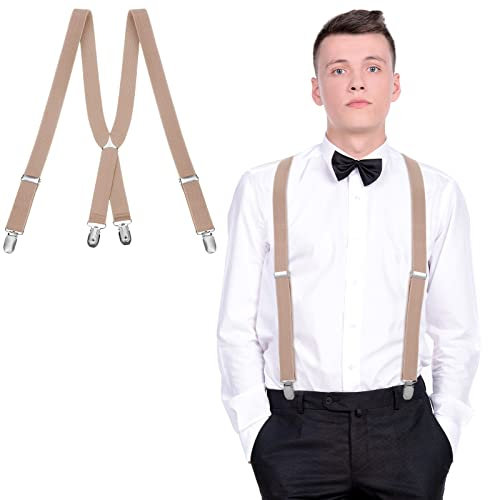 SATINIOR Bretelles d’Hommes Élastiques Bretelles de Pantalon Réglables Forme X avec Clips en Métal pour Halloween Noël (Beige)