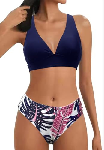 Mujer Traje de Baño de Dos Piezas Push-up Cuello en V Bañador Cintura Media Correas Laterales del Bikini Set Estampado Ropa de Playa Traje de Baño(Azul Marino/Hoja,M)