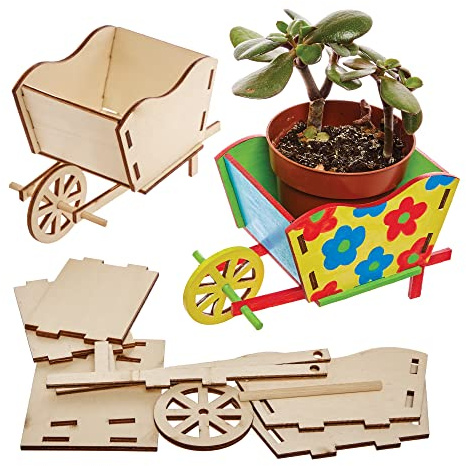 Baker Ross FX584 Kit de pots de fleurs en bois Brouette - paquet de 3, Peignez votre propre pot de fleurs