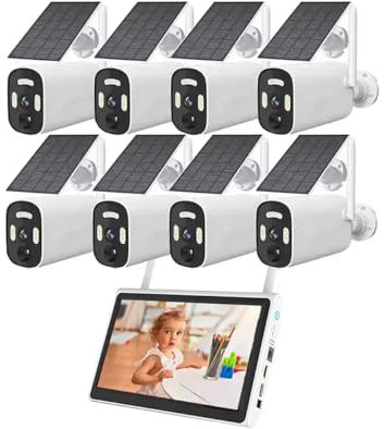 AKAVIG Sistema de cámara de Seguridad con energía Solar de 8 Canales y 4 MP con visión Nocturna en Color, Kit de cámara de vigilancia WiFi inalámbrica para Exteriores con 8 cámaras solares y Monitor