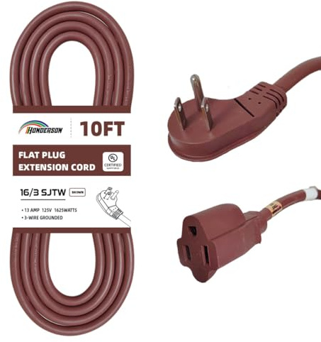 HONDERSON Flat Plug Indoor Extension Cord, UL Listed, 16 Gauge 10FT Brown 3 Prong Heavy Duty, 16/3 SJTW 13A Power Cord for Lights, Appliances, Home