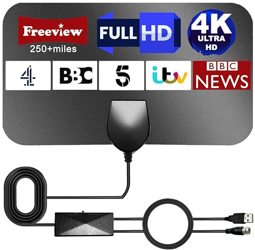 Indoor TV Aerial With Signal Booster - 280+ Miles Long Range Digital Antenna for Smart TV, Freeview, 4K 1080P (Thin)