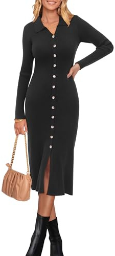 Newshows Jumper Dress for Women Ladies Button Knitted Dress | Long Sleeve V Neck Dress Bodycon Midi Dress, Elegant Sweater Dress