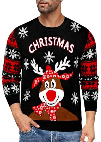 Uniexcosm Jersey Navideño Hombre de Punto Manga Larga | Jersey de Navidad hombre con renos y copos de nieve, cuello redondo y punto cómodo para fiestas e invierno.