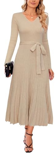 Arach&Cloz Jumper Dress for Women UK Long Sleeve Midi Knitted Pleated Dresses Fall Winter V Neck Stripe Sweater Dress