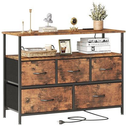 MUTUN Chest of Drawers with 5 Drawers, Rustic Brown Bedroom Dresser with Charging Station and Shelf, Fabric Storage Drawers, TV Stand Unit, Storage Drawer Units for Living Room, Hallway, Wardrobe