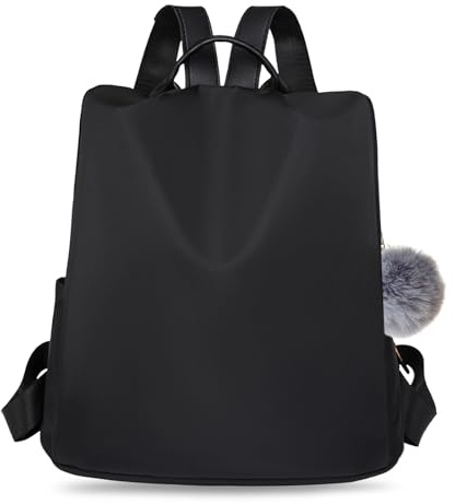 Dokeno Mochila Antirrobo con Pompom, Mujer Casual Mochila, Tela Oxford de Bolsa, Bolso Impermeable de Nylon, Bolso Mujer Ligero para Todos los Díario, Viajes Cortos, Trabajo (Negro)