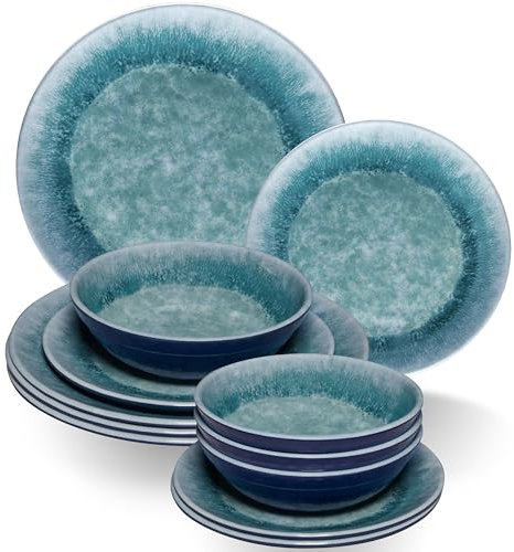 Melamin Geschirr Set Adria Blue für 4 Personen - 12 Teile Blau - Steingutoptik Spülmaschinengeeignet Essgeschirr Campingzubehör Campinggeschirr Wohnwagen Camping Festival Picknick Gartenparty