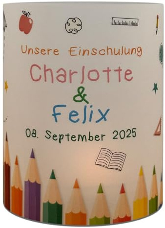 Lichthülle Einschulung personalisiert - Windlicht Tischdeko Schulanfang Mädchen Junge Zwillinge – Name und Datum – Erstklässler Geschenk – Schultüte Dekoration Schulkind 2025 rosa blau