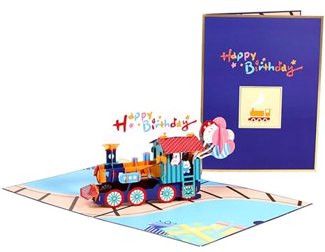 KEKEMEOW Bon anniversaire Ballons Train Pop-up Carte 3D Cartes de vœux avec enveloppe pliante faits à la main Cadeaux pour hommes et femmes