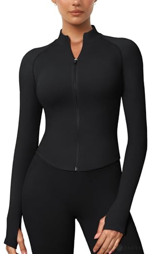 ZAAYO Maglietta sportiva da donna, a maniche lunghe, sportiva, per palestra, yoga, con chiusura lampo, a maniche lunghe, da palestra, con foro per il pollice, per lo sport, da corsa, a compressione