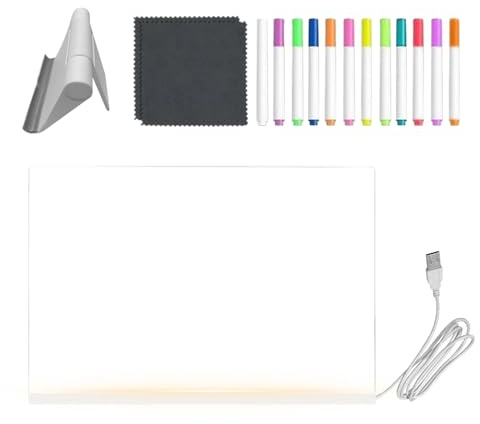 Pizarra de Notas LED,Tablero Acrílico Transparente - Con 12 Bolígrafos de Colores y Soporte Plegable Ajustable Tablero de Borrado en LED - Para Adultos Y Jóvenes Cumpleaños Dibujo Pintura
