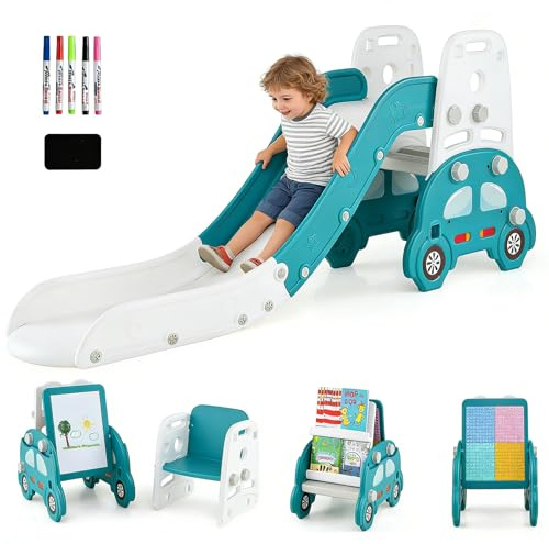 DREAMADE 5 en 1 Toboggan Enfant Pliable avec Chevalet d'art, Tabouret, Bibliothèque, Tableau Blanc Double Face & Support pour Blocs de Construction, Aire de Jeux Intérieur pour Bebe 3+ Ans