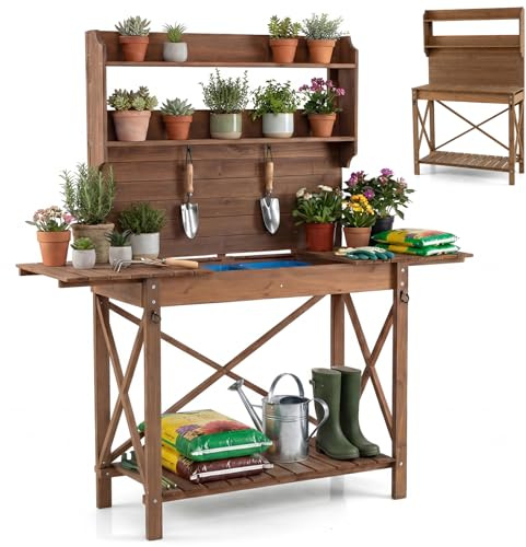COSTWAY Garden Potting Table, Wooden Potting Bench with Sliding Tabletop, 2 Removable Sink Basins & Hanging Hooks, Outdoor Planting Germination Workstation for Patio Yard Balcony, 100-155 x 44 x 160cm