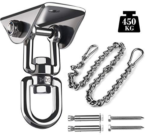ABSOFINE Deckenhaken 450KG Kapazität 360°Drehen Premium Edelstahl Schaukelhaken Aufhängung Haken mit Verlängerungskette Zwei Karabiner für Hängesessel Beton Holz Spielplatz Veranda Sitz Trapeze Yoga