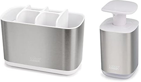 Joseph Joseph Bathroom Beauties - 2-Piece Bathroom Sink Set with Large Toothbrush Holder Caddy and Hygienic Soap Pump Dispenser, Stainless Steel