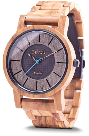 Zeitholz Holzuhr für Herren, Armbanduhr Solar Sonnenberg, Analog, 40 mm, 100% Naturholz mit japanischem Solaruhrwerk. (Oliven)