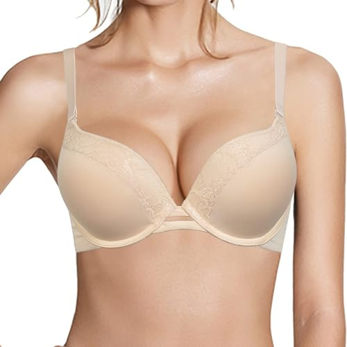 Pushlus Push Up Thick Padded Plunge Underwire T Shirt Lace Bra Lift Support for Women Add One Cup 44B Nude