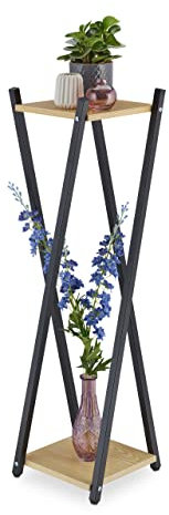 Relaxdays Blumenständer, 2 Etagen in Holzoptik, Metall, MDF, moderner Blumenhocker, HBT: 99x29x29 cm, schwarz/Hellbraun
