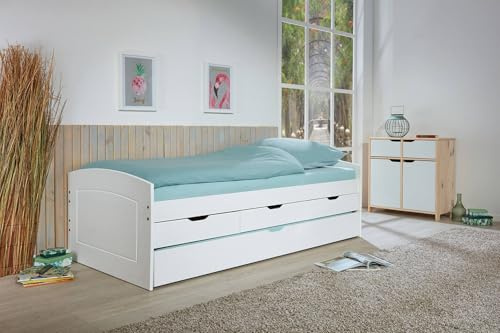 Cama con cajones de almacenaje y Segunda Cama extraíble Inferior, en Pino Macizo teñido de Blanco, 98x205x63 cm, somieres excluidos