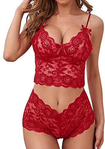 CheChury Conjunto Lencería Sexy Mujer Sujetador Push Up y Bragas Babydoll Encaje Floral 2 Piezas Ropa Interior Ropa de Dormir Interior Sexy Conjunto de Lencería Mujer Atractivo Body de Encaje