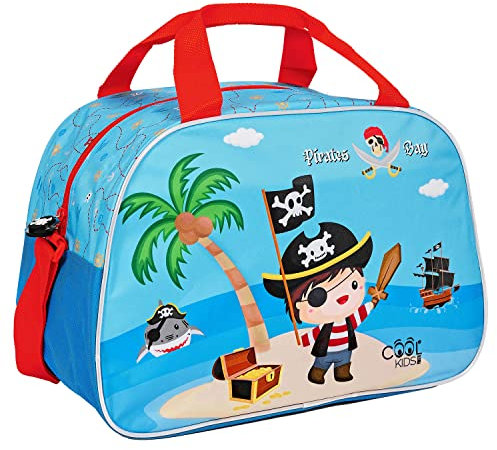PERLETTI Bolsa Deporte Multicolor con Piratas para Niños - Bolsa Gimnasio Niño Azul con Correa Ajustable - Mochila Deporte Infantil para Piscina Natacion Viaje Tiempo Libre - 28x41,5x21cm (Pirata)