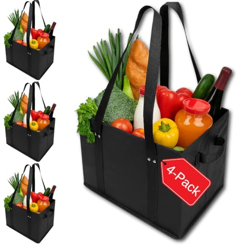 BAG-THAT! 4pk Reusable Grocery Bags Shopping Bags Tote Box Large Heavy Duty Groceries Bag Handles Foldable Reinforced Bottom (Black)