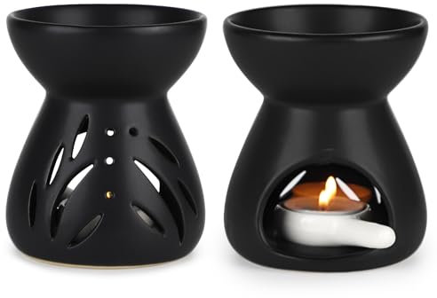 LALAGO 2PCS Duftlampe aus Keramik, Duftlicht mit der Candle Löffel, Trichtermodell Ätherische Ölbrenner Wachsschmelzbrenner Duftwachs Lampe Aroma-Diffusor Kerzenbrenner (schwarz)